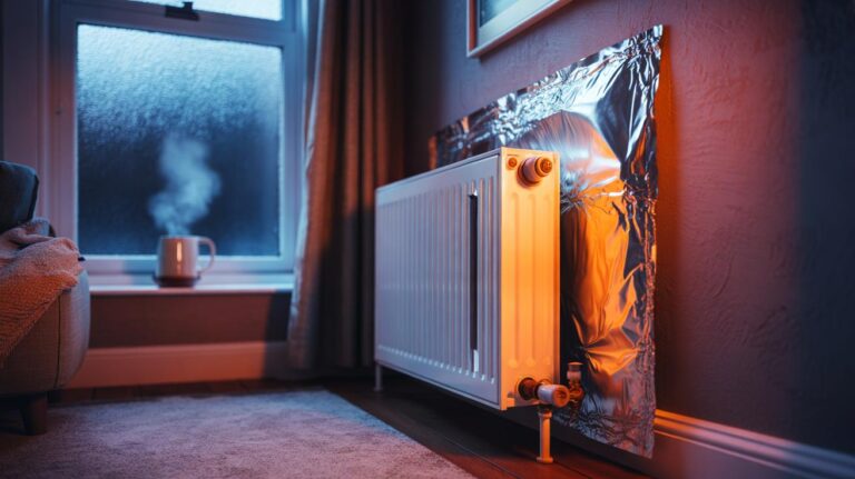 Illustration of tin foil placed behind a home radiator to reflect heat back into the room and conserve energy in winter