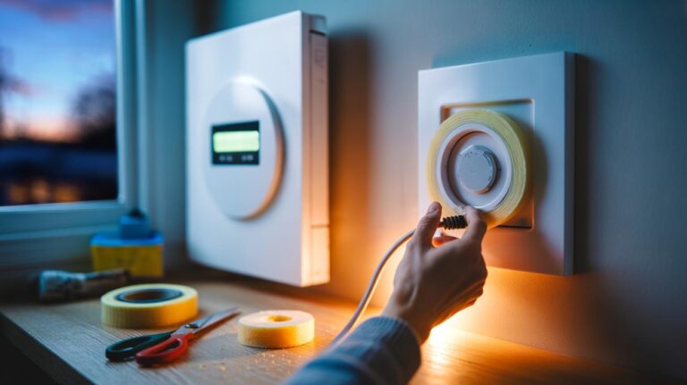 Illustration of a homeowner sealing a wall-mounted thermostat with £1.50 foam draught tape and lowering the set-point to cut monthly electricity bills.