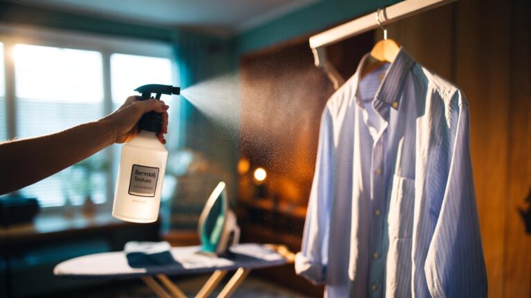 Illustration of a £3 trigger bottle of wrinkle-release spray used on a hanging shirt to smooth creases and save ironing time
