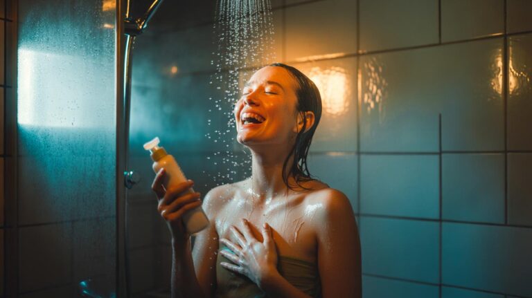 Illustration of a person singing in the shower under warm water, reflecting improved mood and mental health