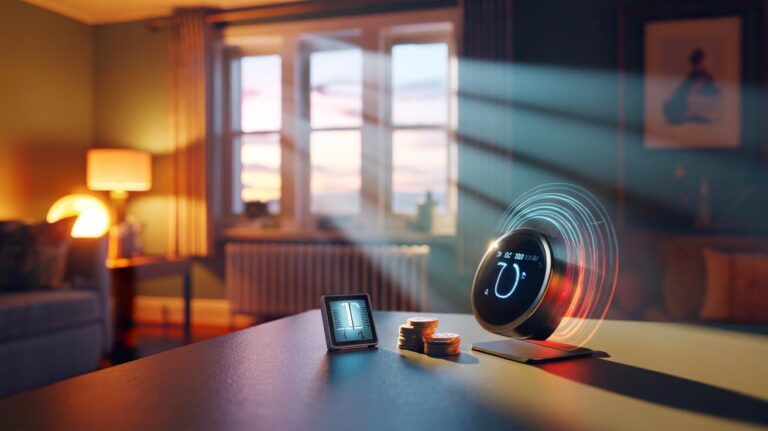 Illustration of a smart thermostat with a £10 accessory improving home energy efficiency