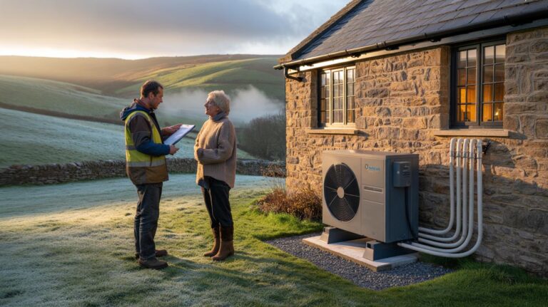Illustration of a rural British home with an air-source heat pump installed under permitted development rights to cut heating bills