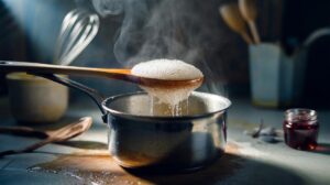 Illustration of a dry wooden spoon laid across a foamy pot to prevent a boil-over