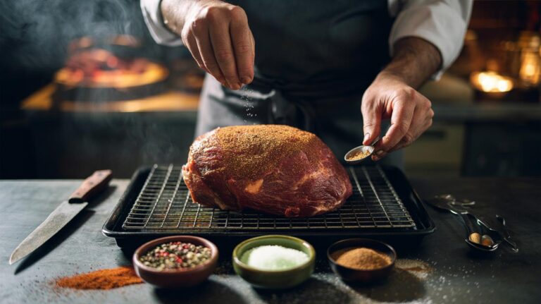 Illustration of a chef applying the 4-6-1 seasoning rule (4 parts salt, 6 parts aromatics, and 1 part kicker) to a roast