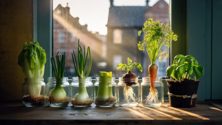 Illustration of lettuce bases, celery stumps, and spring onion cuttings regrowing in jars of water on a kitchen windowsill