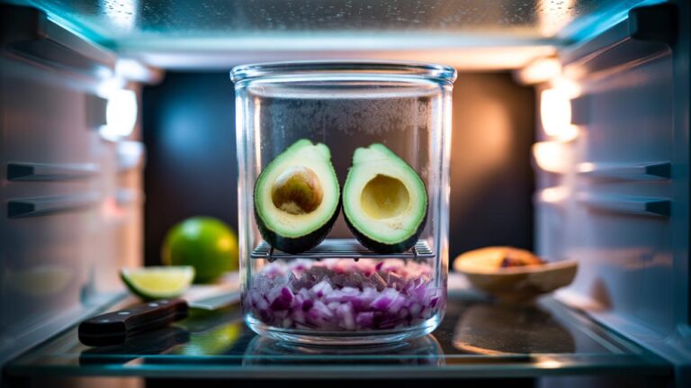 Illustration of cut avocado halves placed above chopped red onion in a sealed container to slow browning
