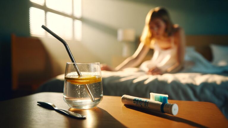 Illustration of a glass of warm diluted lemon water on a bedside table next to an unused toothbrush, ready to be sipped first thing in the morning